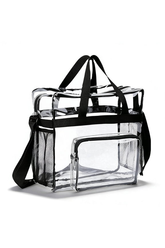PVC Tote Pack Bag 12x12x6 inch, Clear PVC Messenger Bag See Through Tote, Stadium Approved Handbag Transparent Pouch Hand Bags with Top Handle & Adjustable Shoulder Strap