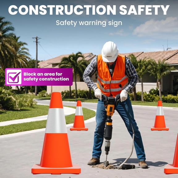 PVC Traffic Safety Cones, 18" High with Reflective Strip, 10.8" Base, 20 Pack for Driving Training Parking