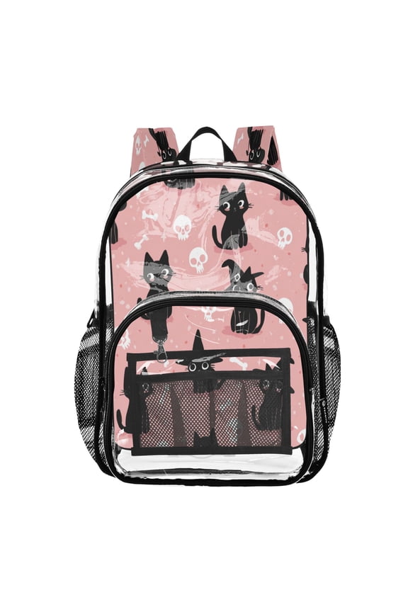 PVC Transparent Backpack Stylish & Durable Clear Backpack Perfect for School, Travel and Outings Black Cat Wearing A Witch Hat