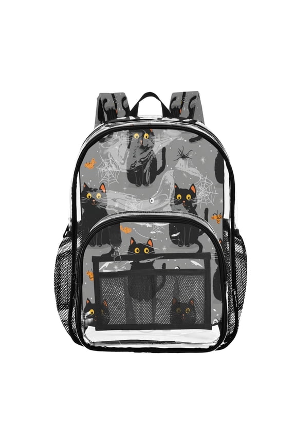 PVC Transparent Backpack Stylish & Durable Clear Backpack Perfect for School, Travel and Outings Black Cat and Spider Web