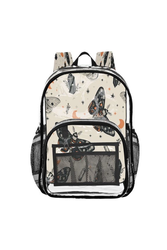 PVC Transparent Backpack Stylish & Durable Clear Backpack Perfect for School, Travel and Outings Black and White Moths