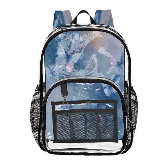 PVC Transparent Backpack Stylish & Durable Clear Backpack Perfect for School, Travel and Outings Blue Butterflies Flying