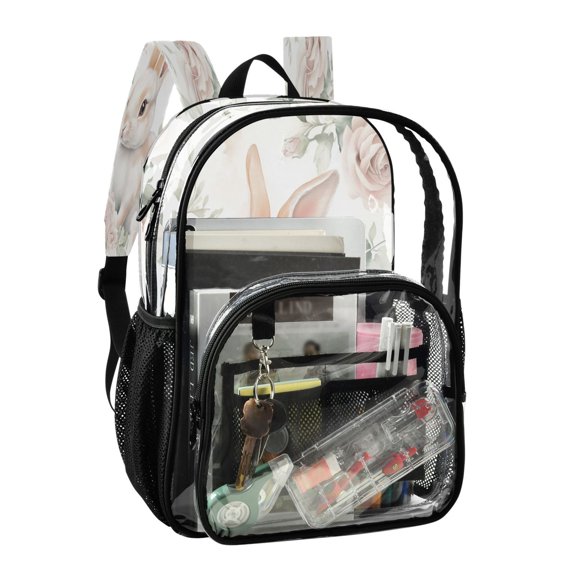 PVC Transparent Backpack Stylish & Durable Clear Backpack Perfect for School, Travel and Outings Bunny Surrounded by Roses