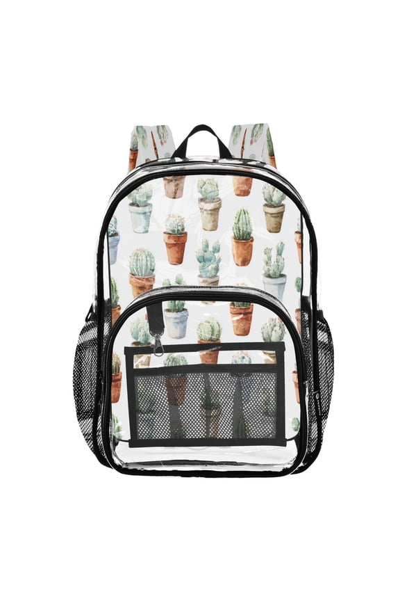 PVC Transparent Backpack Stylish & Durable Clear Backpack Perfect for School, Travel and Outings Cactus in Pots Pattern