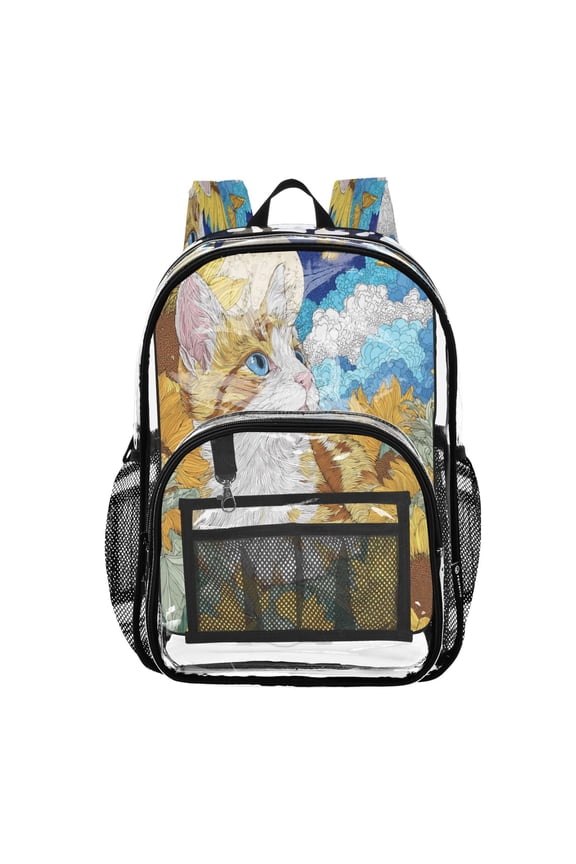 PVC Transparent Backpack Stylish & Durable Clear Backpack Perfect for School, Travel and Outings Cat Lies in The Sunflowers