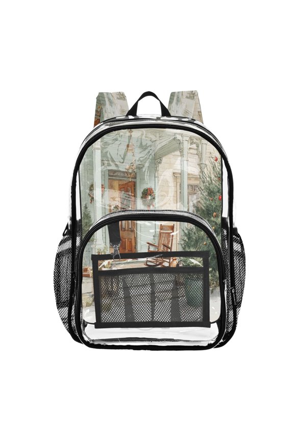 PVC Transparent Backpack Stylish & Durable Clear Backpack Perfect for School, Travel and Outings Charming Christmas Doorway
