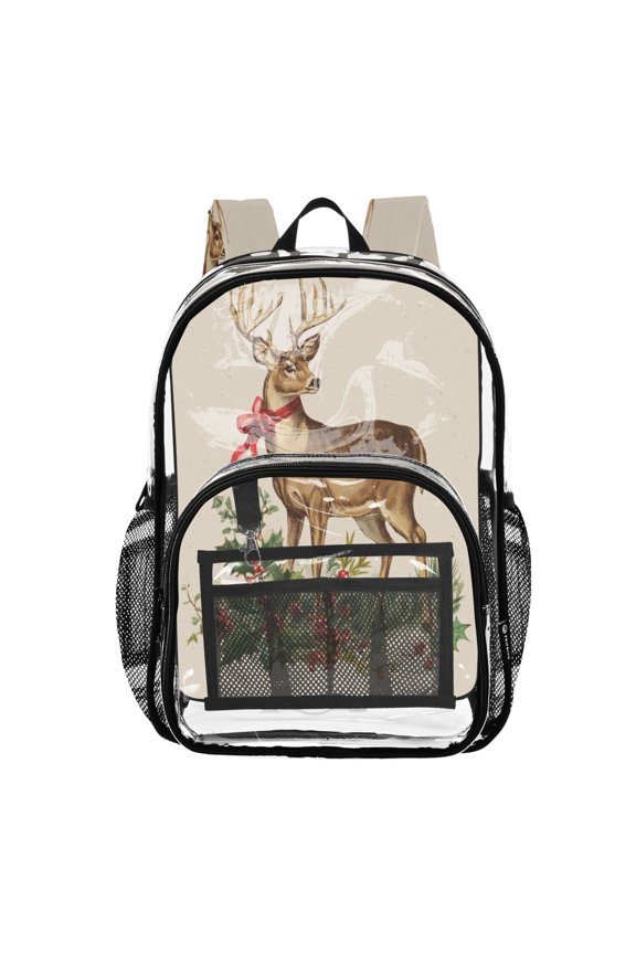 PVC Transparent Backpack Stylish & Durable Clear Backpack Perfect for School, Travel and Outings Christmas Deer with Greenery
