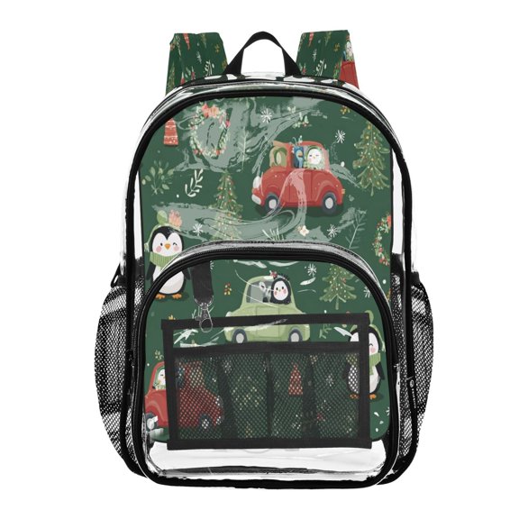 PVC Transparent Backpack Stylish & Durable Clear Backpack Perfect for School, Travel and Outings Christmas Penguins and Cars Pattern