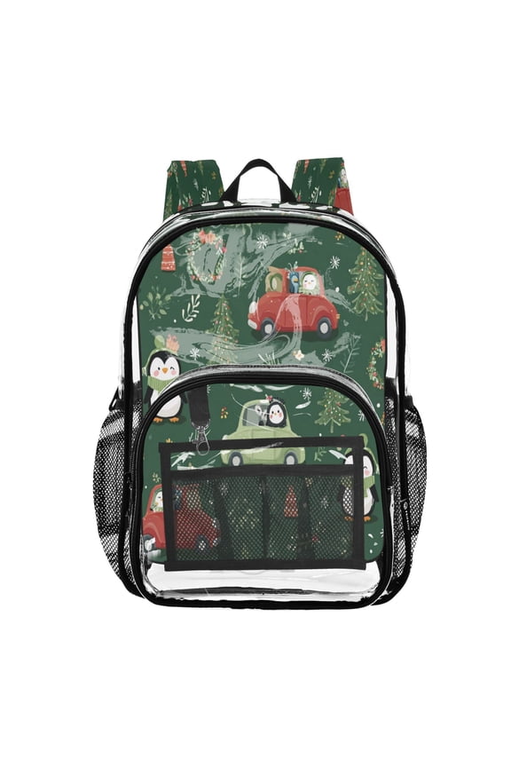 PVC Transparent Backpack Stylish & Durable Clear Backpack Perfect for School, Travel and Outings Christmas Penguins and Cars Pattern