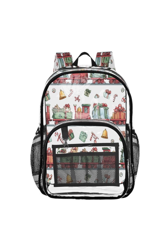 PVC Transparent Backpack Stylish & Durable Clear Backpack Perfect for School, Travel and Outings Christmas-themed Red Train Pattern