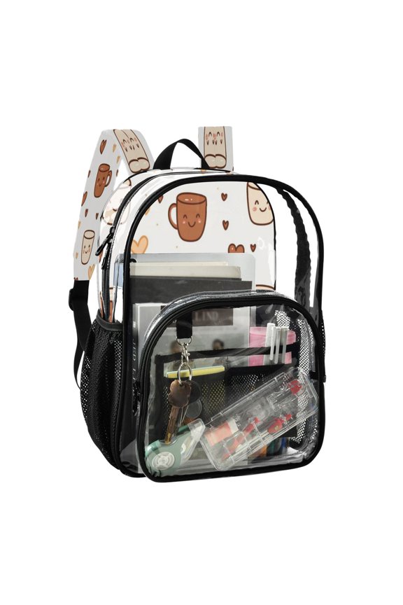 PVC Transparent Backpack Stylish & Durable Clear Backpack Perfect for School, Travel and Outings Cute Coffee Cup Pattern