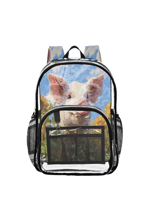 PVC Transparent Backpack Stylish & Durable Clear Backpack Perfect for School, Travel and Outings Cute Pig with Sunflower Field