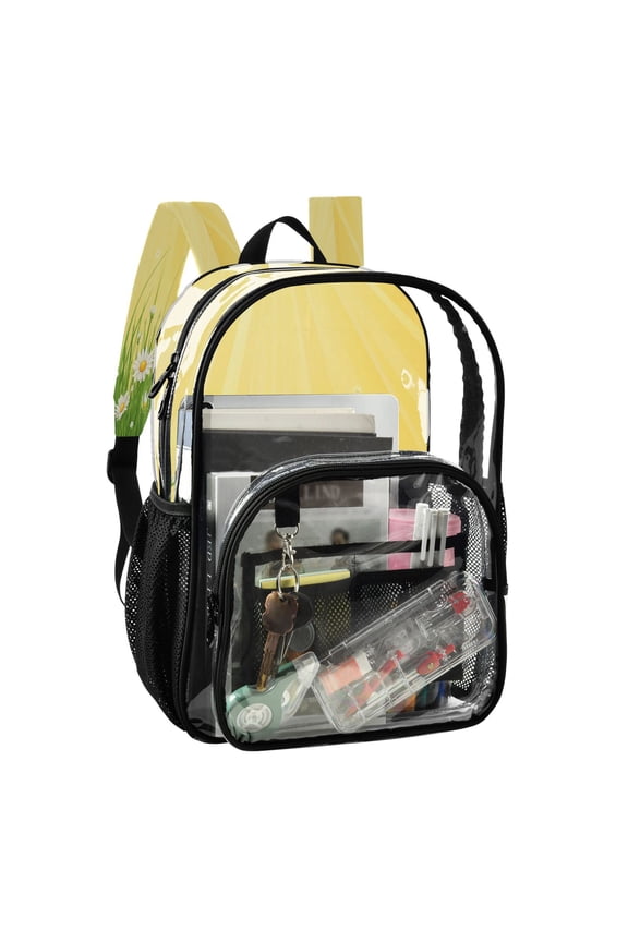 PVC Transparent Backpack Stylish & Durable Clear Backpack Perfect for School, Travel and Outings Daisies and Sun Rays