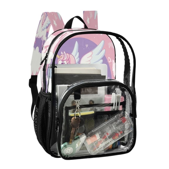 PVC Transparent Backpack Stylish & Durable Clear Backpack Perfect for School, Travel and Outings Flying Unicorn with Wings