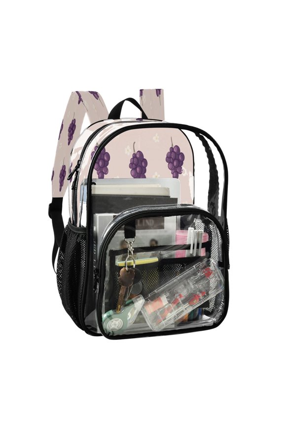 PVC Transparent Backpack Stylish & Durable Clear Backpack Perfect for School, Travel and Outings Grapes and Flowers Pattern