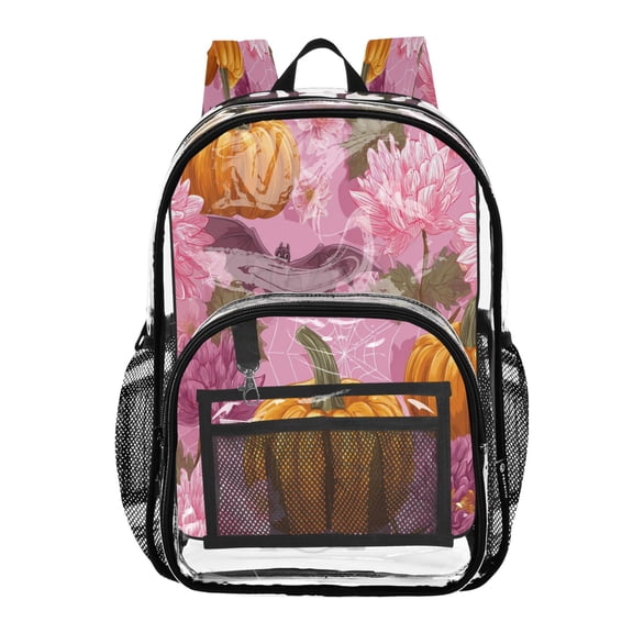 PVC Transparent Backpack Stylish & Durable Clear Backpack Perfect for School, Travel and Outings Halloween Pumpkins and Bats