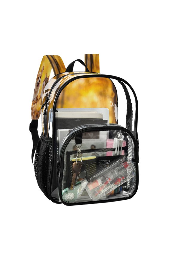 PVC Transparent Backpack Stylish & Durable Clear Backpack Perfect for School, Travel and Outings Happy Corgi Dog and Cat