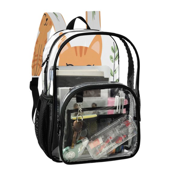 PVC Transparent Backpack Stylish & Durable Clear Backpack Perfect for School, Travel and Outings Orange Tabby Cat