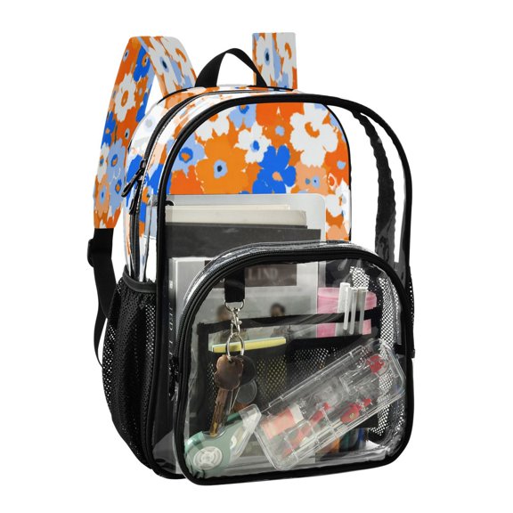 PVC Transparent Backpack Stylish & Durable Clear Backpack Perfect for School, Travel and Outings Orange and Blue Small Flowers