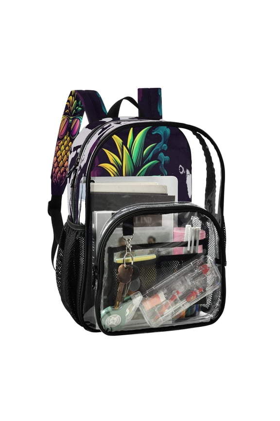 PVC Transparent Backpack Stylish & Durable Clear Backpack Perfect for School, Travel and Outings Pineapple with Sunglasses