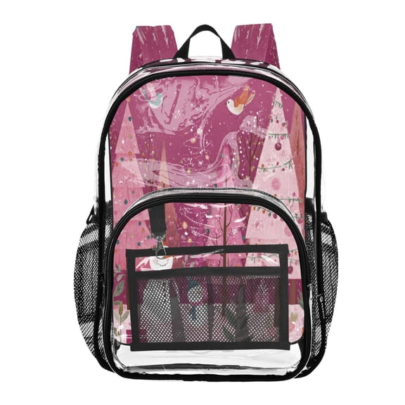 PVC Transparent Backpack Stylish & Durable Clear Backpack Perfect for School, Travel and Outings Pink Christmas Forest