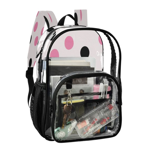 PVC Transparent Backpack Stylish & Durable Clear Backpack Perfect for School, Travel and Outings Pink and Black Dots