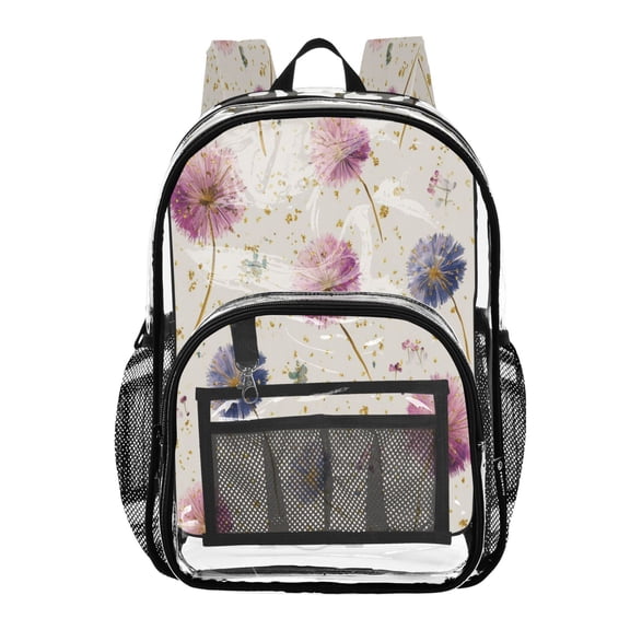 PVC Transparent Backpack Stylish & Durable Clear Backpack Perfect for School, Travel and Outings Pink and Purple Dandelions