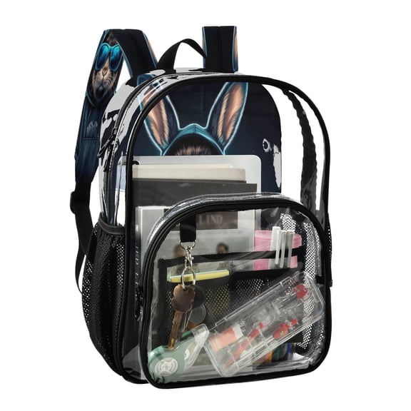 PVC Transparent Backpack Stylish & Durable Clear Backpack Perfect for School, Travel and Outings Rabbit in A Black Hoodie