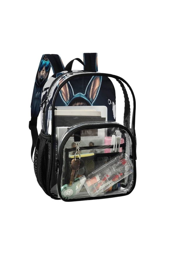 PVC Transparent Backpack Stylish & Durable Clear Backpack Perfect for School, Travel and Outings Rabbit in A Black Hoodie