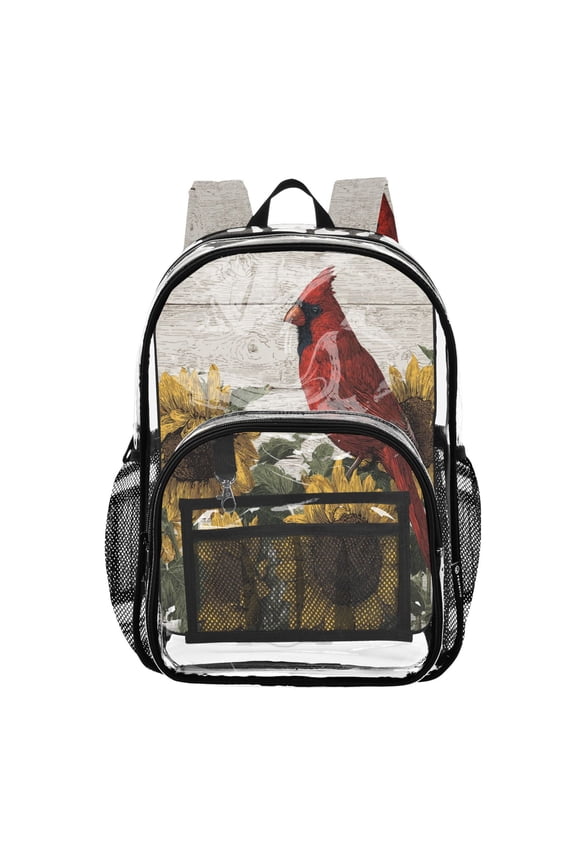 PVC Transparent Backpack Stylish & Durable Clear Backpack Perfect for School, Travel and Outings Red Bird Sitting on Sunflower
