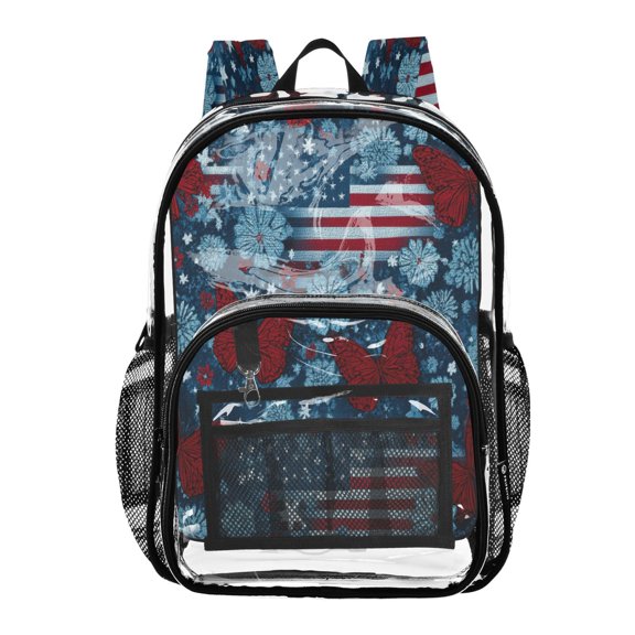 PVC Transparent Backpack Stylish & Durable Clear Backpack Perfect for School, Travel and Outings Red Butterflies and Flags