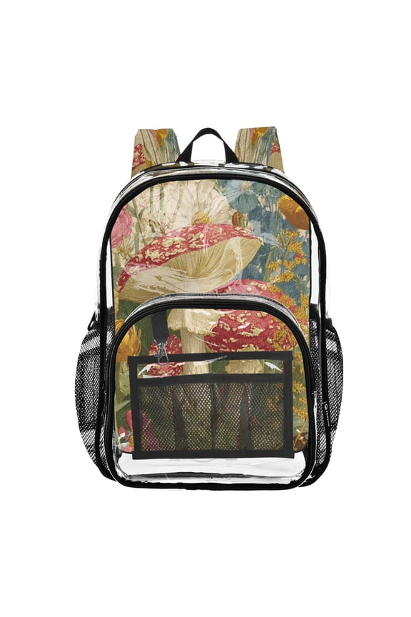 PVC Transparent Backpack Stylish & Durable Clear Backpack Perfect for School, Travel and Outings Red Mushrooms with Flowers