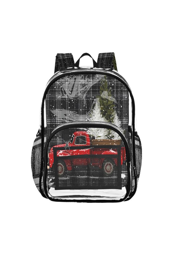 PVC Transparent Backpack Stylish & Durable Clear Backpack Perfect for School, Travel and Outings Red Truck with Christmas Tree