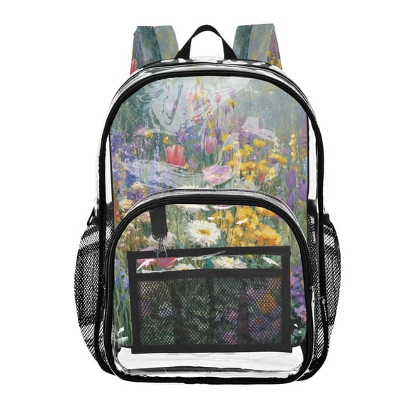 PVC Transparent Backpack Stylish & Durable Clear Backpack Perfect for School, Travel and Outings Vibrant Garden Filled