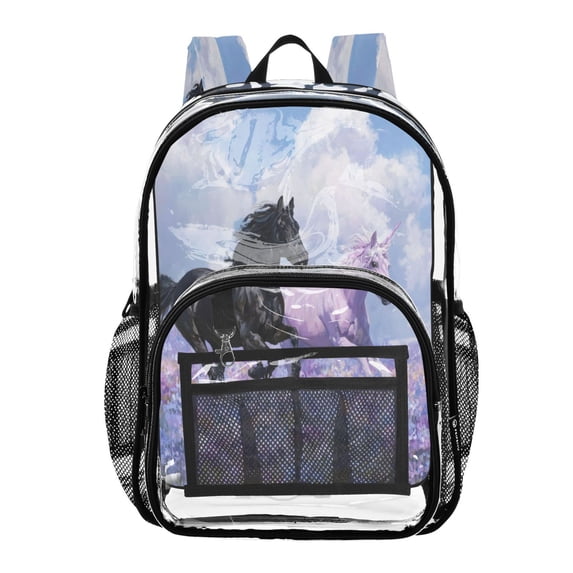 PVC Transparent Backpacks Clear Backpack for Travel and Outings Black Horse and Pink Unicorn