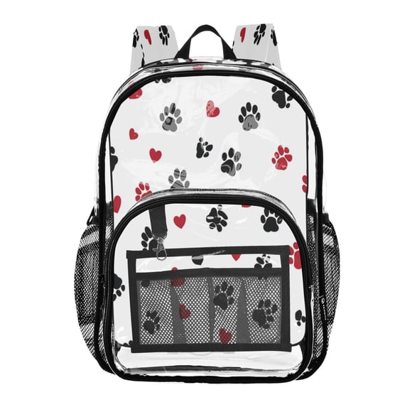 PVC Transparent Backpacks Clear Backpack for Travel and Outings Black Paws and Hearts Pattern