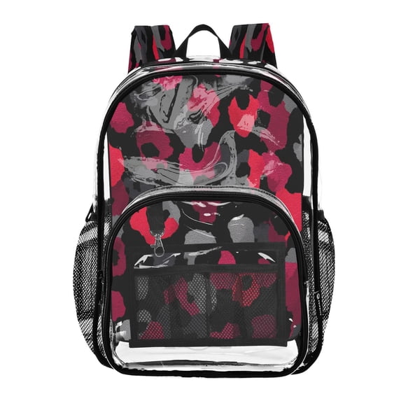 PVC Transparent Backpacks Clear Backpack for Travel and Outings Black and Red Leopard Print