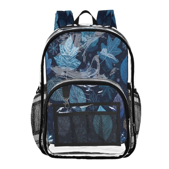 PVC Transparent Backpacks Clear Backpack for Travel and Outings Blue Leaves and Snowflakes
