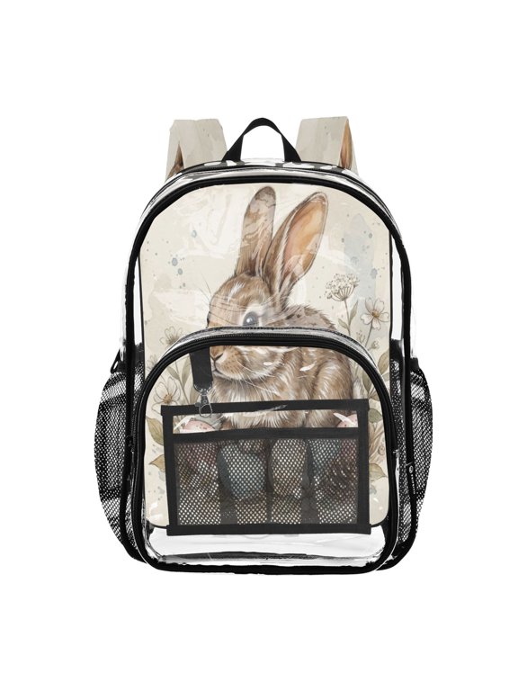 PVC Transparent Backpacks Clear Backpack for Travel and Outings Brown Rabbit and Oastel Easter Eggs