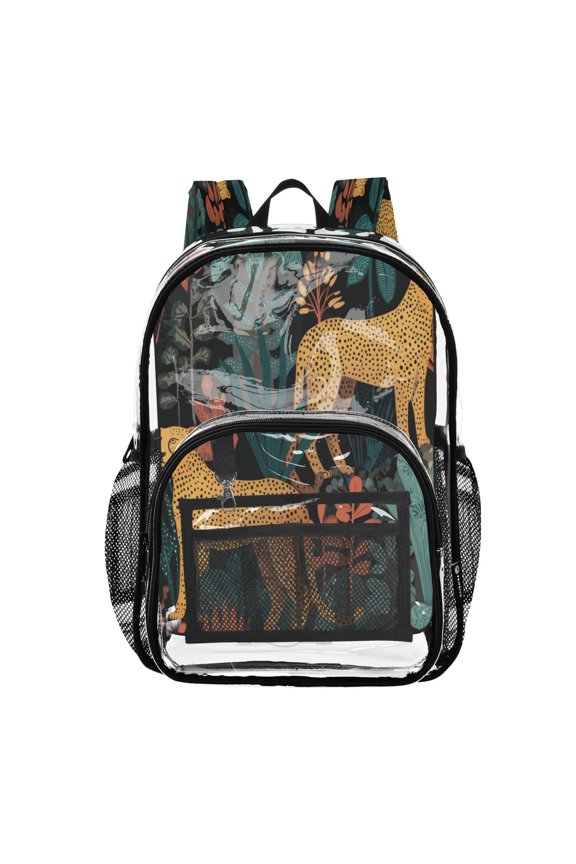 PVC Transparent Backpacks Clear Backpack for Travel and Outings Cheetah and Jungle Leaves