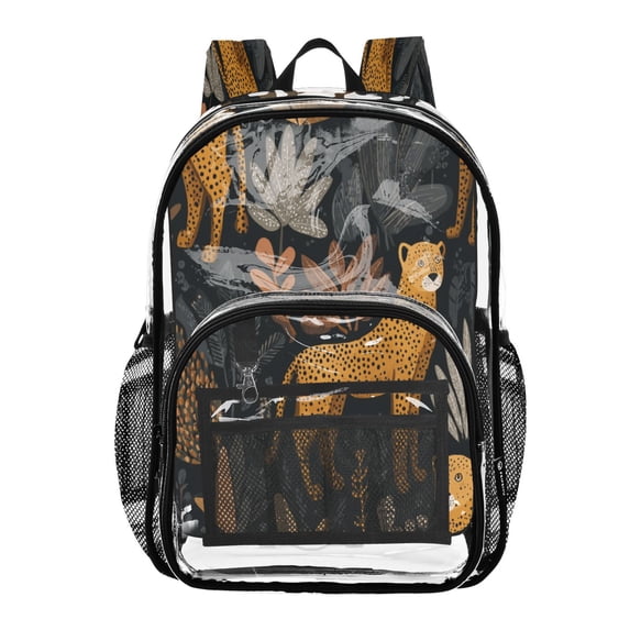 PVC Transparent Backpacks Clear Backpack for Travel and Outings Cheetahs and Jungle Foliage Pattern