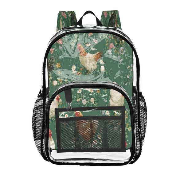 PVC Transparent Backpacks Clear Backpack for Travel and Outings Chickens and Flowers Pattern