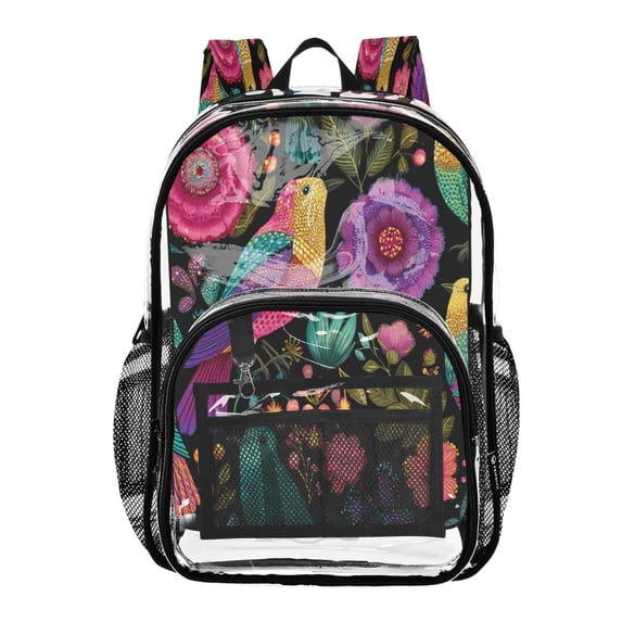 PVC Transparent Backpacks Clear Backpack for Travel and Outings Colorful Birds and Flowers