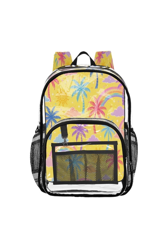 PVC Transparent Backpacks Clear Backpack for Travel and Outings Colorful Palm Trees and Clouds