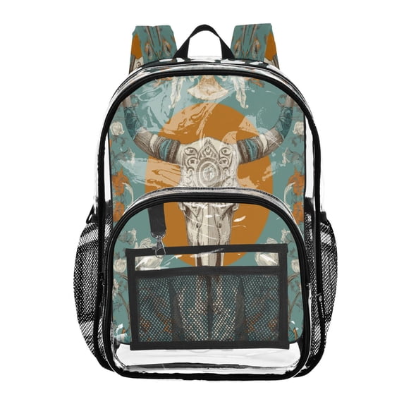 PVC Transparent Backpacks Clear Backpack for Travel and Outings Cow Sakull and Moon Pattern