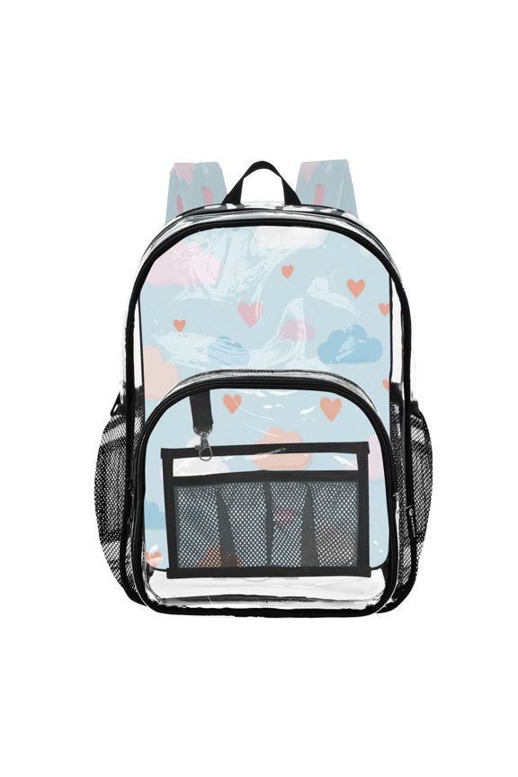 PVC Transparent Backpacks Clear Backpack for Travel and Outings Cute Clouds and Hearts Pattern
