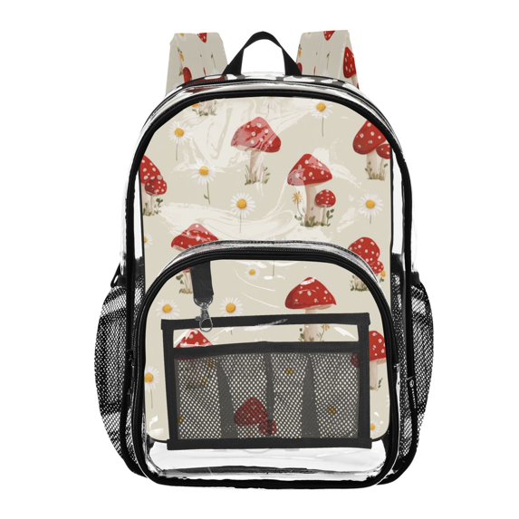 PVC Transparent Backpacks Clear Backpack for Travel and Outings Cute Mushroom Pattern with Daisies