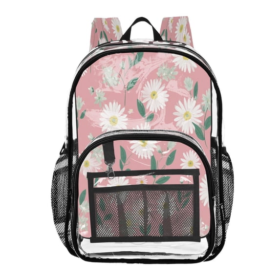 PVC Transparent Backpacks Clear Backpack for Travel and Outings Cute White Daisies Pattern