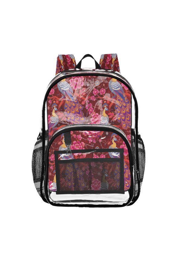 PVC Transparent Backpacks Clear Backpack for Travel and Outings Decorative Peacock Pattern