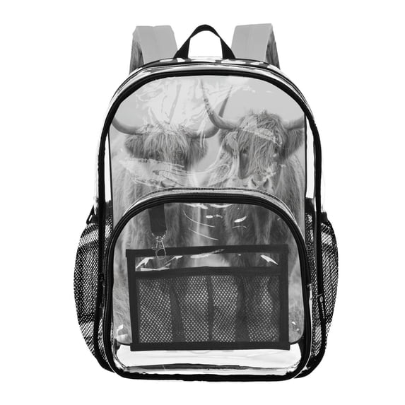 PVC Transparent Backpacks Clear Backpack for Travel and Outings Grey Highland Cattle
